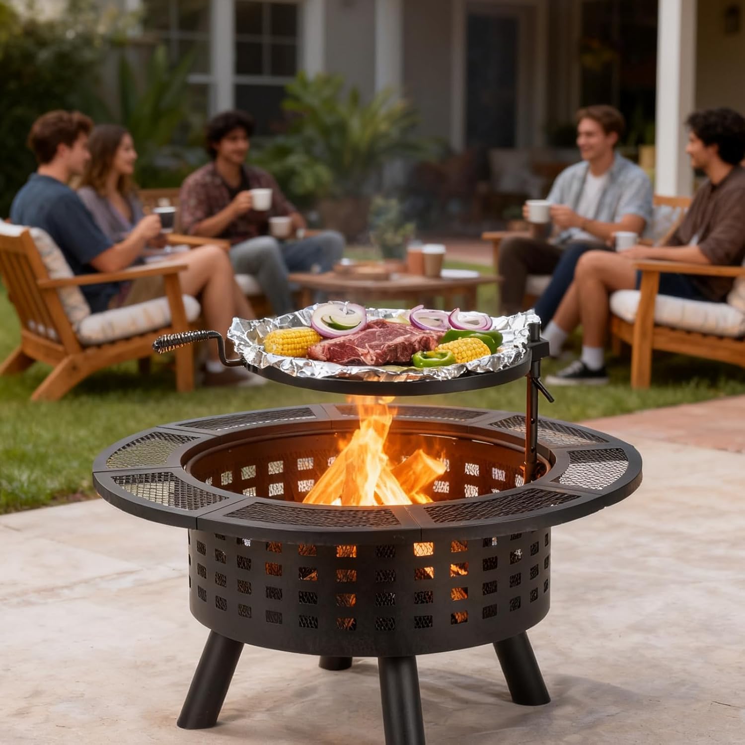 36 inch Outdoor Fire Pit with Grill,Wood Burning Firepits for Outside with Lid & Fire Poker,Metal 3-in-1 Fire Pit Table with Cooking Grate,Outdoor Fireplaces for Bonfire,Yard,BBQ（Jet Black）
