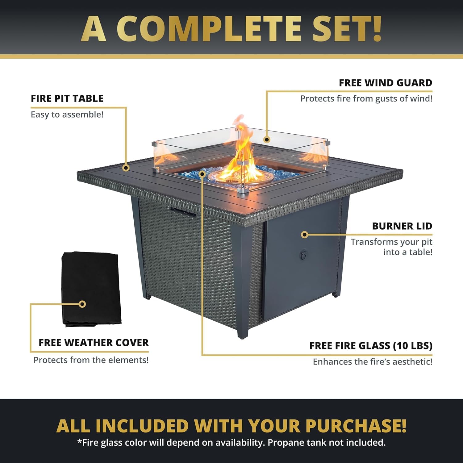 Mazatzal 4 Piece Outdoor Patio Furniture Set with 42 Inch Grey Propane Fire Pit, Wicker Rattan Outdoor Loveseat and Stationary Chairs, Aluminum Frame, Includes Fire Glass & Wind Guard