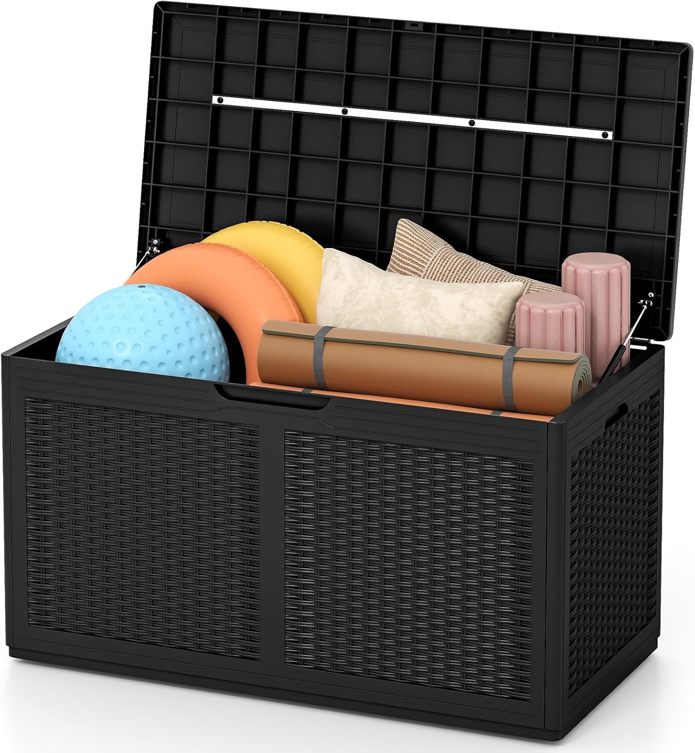 RELAX4LIFE 100-Gallon Resin Deck Box - Waterproof Outdoor Storage Box Container w/Lockable Lid & Wheels, Faux Rattan Porch Bench for Patio Furniture Cushions, Pool Accessories, Garden Tools (Black)