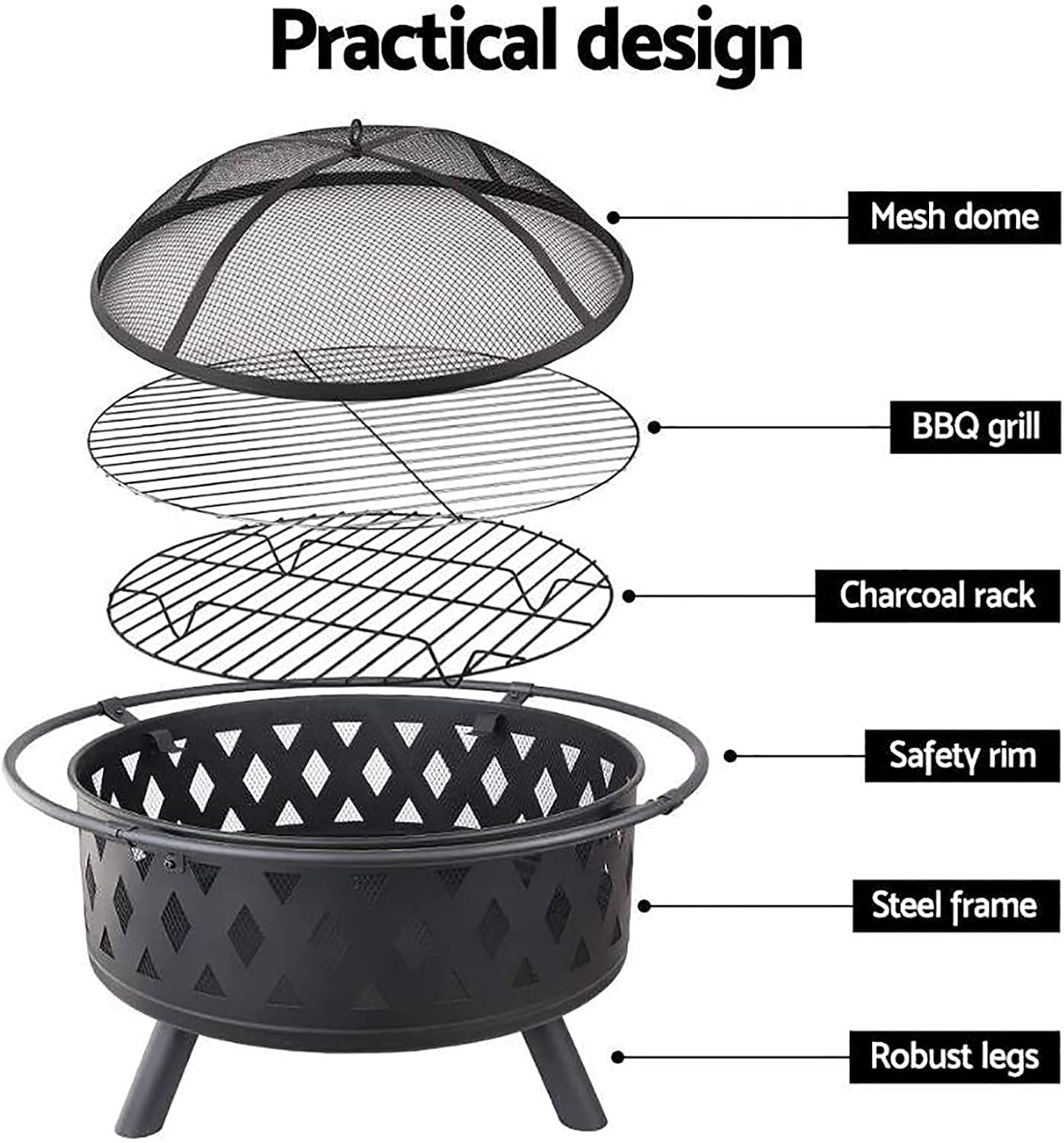 Backyard Patio Garden Stove Wood Burning BBQ Fire Pit with Spark Screen Cover,Poker,Fire Pit Cover,Grill for Campfire Bonfire,Square