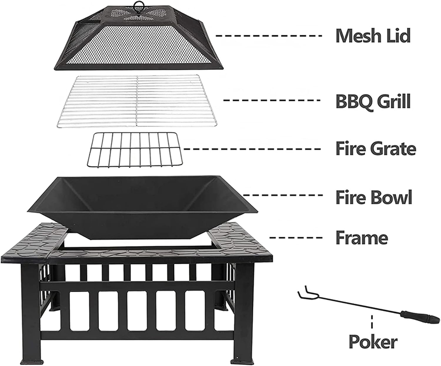 3-in-1 Fire Pits & BBQ Grill & Ice Buckets, Wood Burning Steel Firepit Bowl, Outdoor Heater Heating Basin w/Spark Screen, Fireplace Poker, Grate