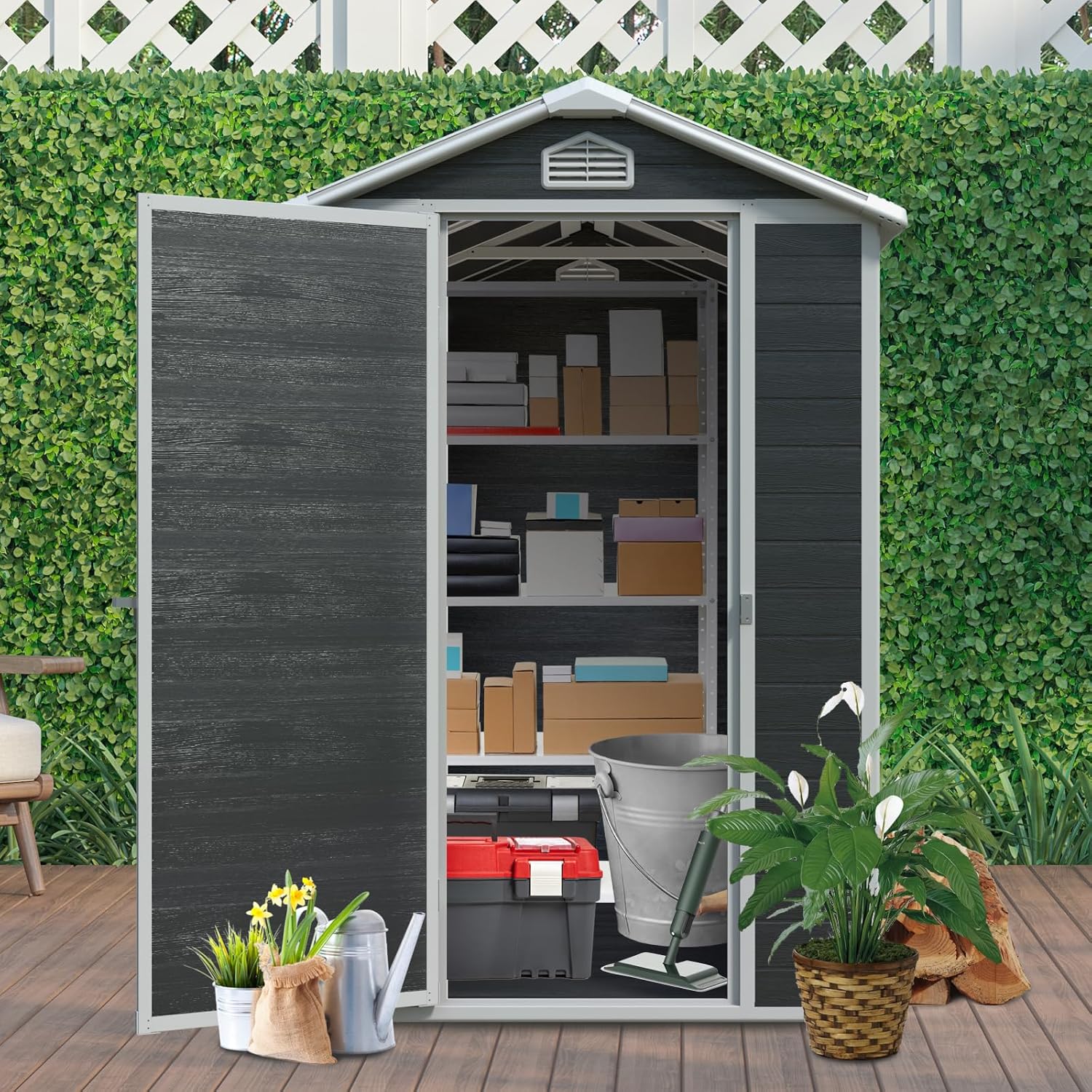 Resin Outdoor Storage Shed,Outdoor Tool Storage Shed with Window and Sloping Roof,Lockable Door Storage Shed for Garden,Patio,Black