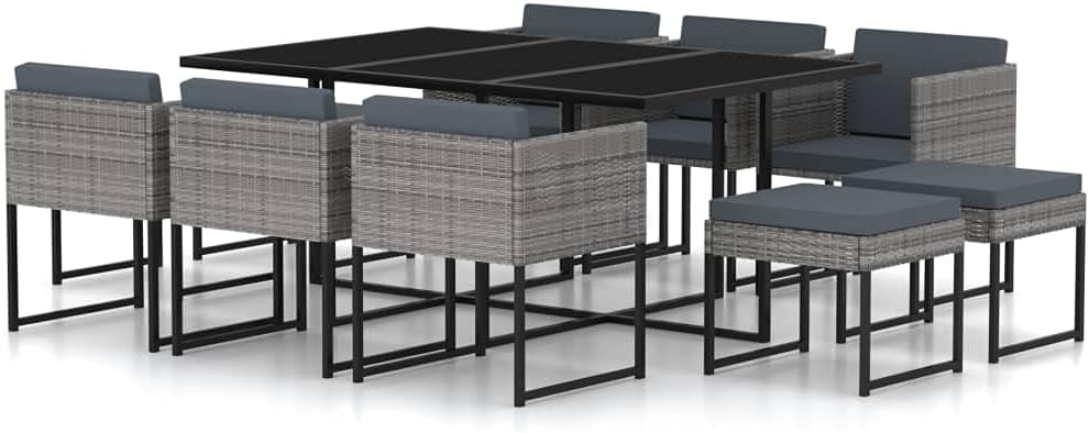 Furniture Sets 11 Piece Patio Dining Set with Cushions Poly Rattan Gray,Luxurious 10Person Outdoor Dining Set: Modern Elegance for Your Patio or Garden Garden Conversation Sets