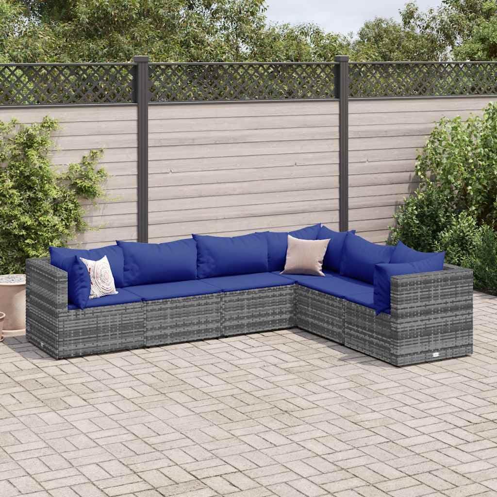 6 Piece Patio Lounge Set with Cushions Gray Poly Rattan, Patio Furniture Sets, Outdoor Furniture