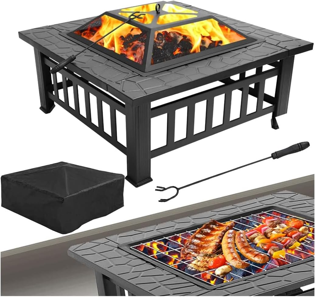 Outdoor Fireplaces Outdoor Metal Wood Burning Square Fire Pit Portable Garden Courtyard Bowl Spark Screen Cover Fire Pits