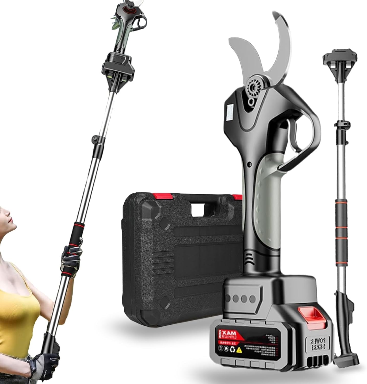 Electric Pruning Shears,Extendable Tree Pruning Pruner,Cordless Pruner with Brushless Motor,78mm/3.07inch Max Cutting Diameter,with Extension Poles,for Hedge, Bush, Orchard,‎1Battery