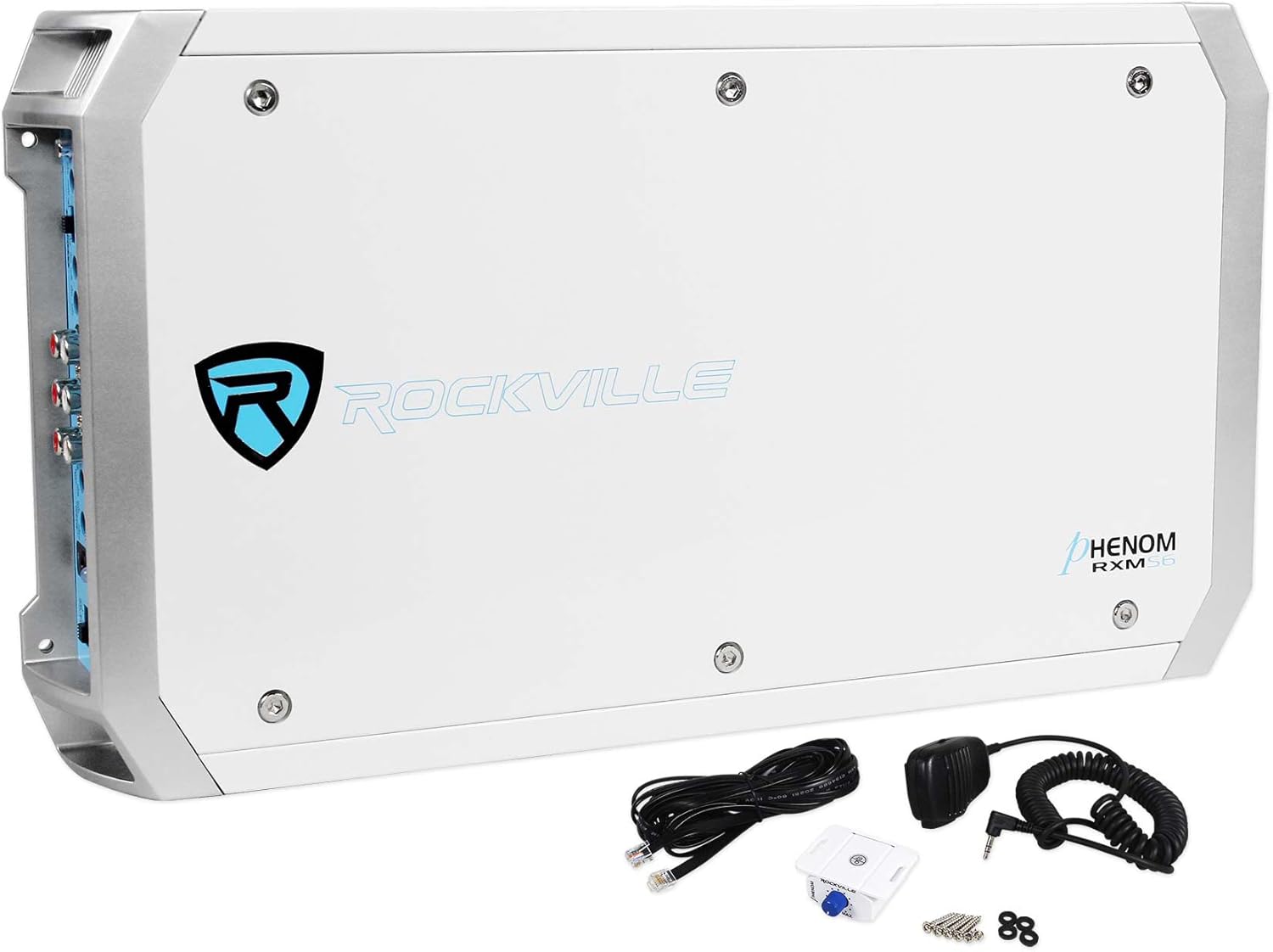 Rockville RXM-S6 2600W Peak/660W RMS 6-Channel Marine Amplifier, PA Microphone, Waterproof Design, Bass Remote for Boats and Marine Audio