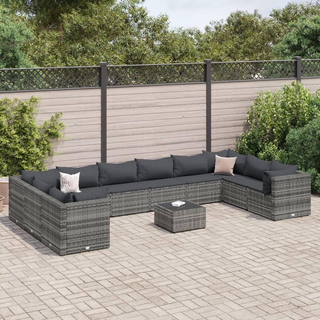 11 Piece Patio Lounge Set with Cushions Gray Poly Rattan,Premium Outdoor Lounge Set: PE Rattan Corner Sofa with Glass Top Table Furniture Sets for Patio, Lawn & Garden