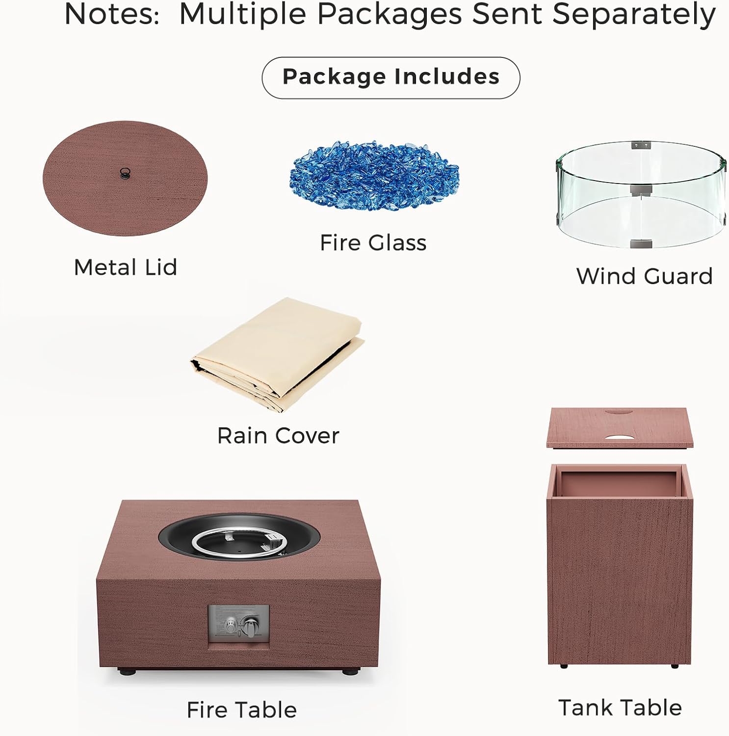 28 Inch Fire Pit Table Propane Fire Pit 40,000 BTU Gas Fire Pits 2-Piece With Tank Table Wind Guard Glass Rocks Protective Cover For Outside Patio Outdoor Backyard Deck Balcony, CSA Certified