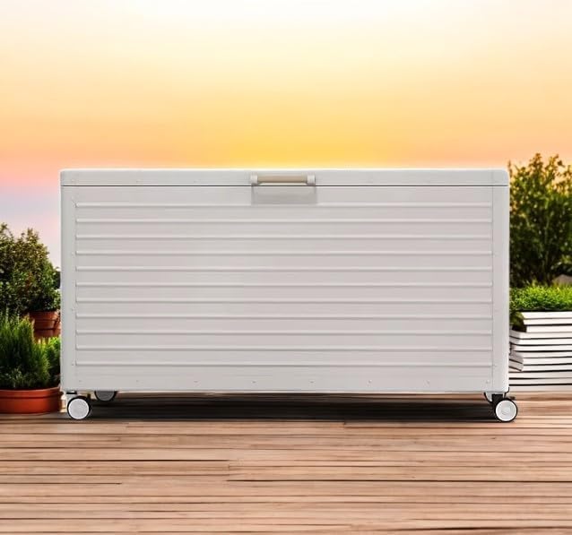 175 Gallon Outdoor and Indoor Storage Box, Aluminum Construction, Wheeled Design, (Latte)