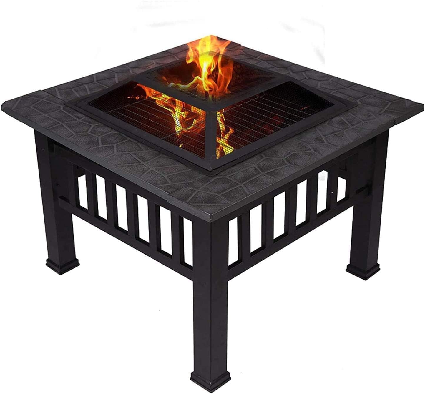 BBQ Grill Outdoor Fire Pits Outdoor Wood Burning Outdoor Fire Pits, Metal Square Firepit Patio Stove BBQ Grill Fire Pit Bowl with Spark Screen Cover,Log Grate, Poker with Cover BBQ Cook