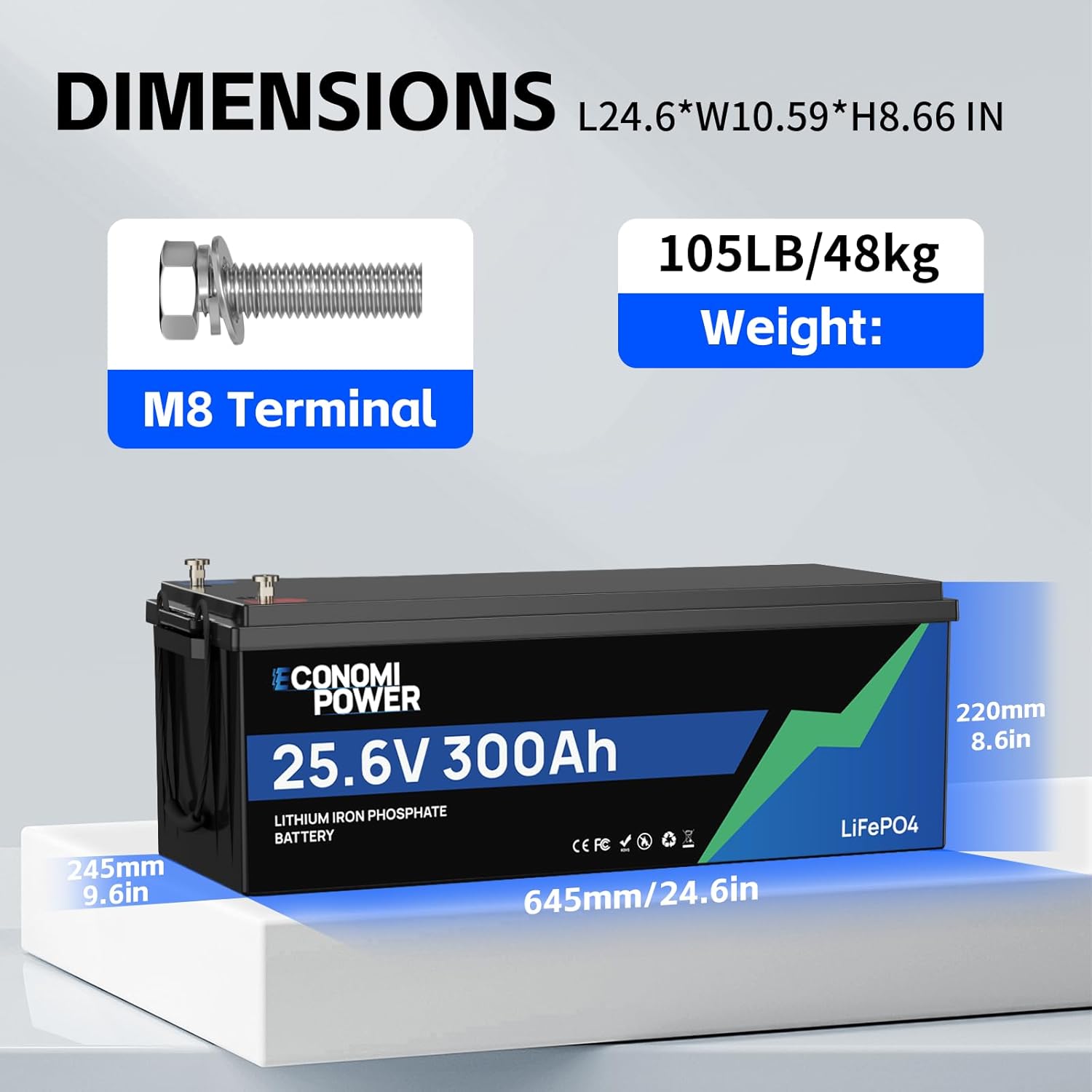 24V 300Ah LiFePO4 Lithium Battery - 7680Wh, 200A BMS, 15000+ Cycles, Low-Temp Cutoff 24v Lithium Battery for RV, Solar, Trolling Motor & Marine Applications