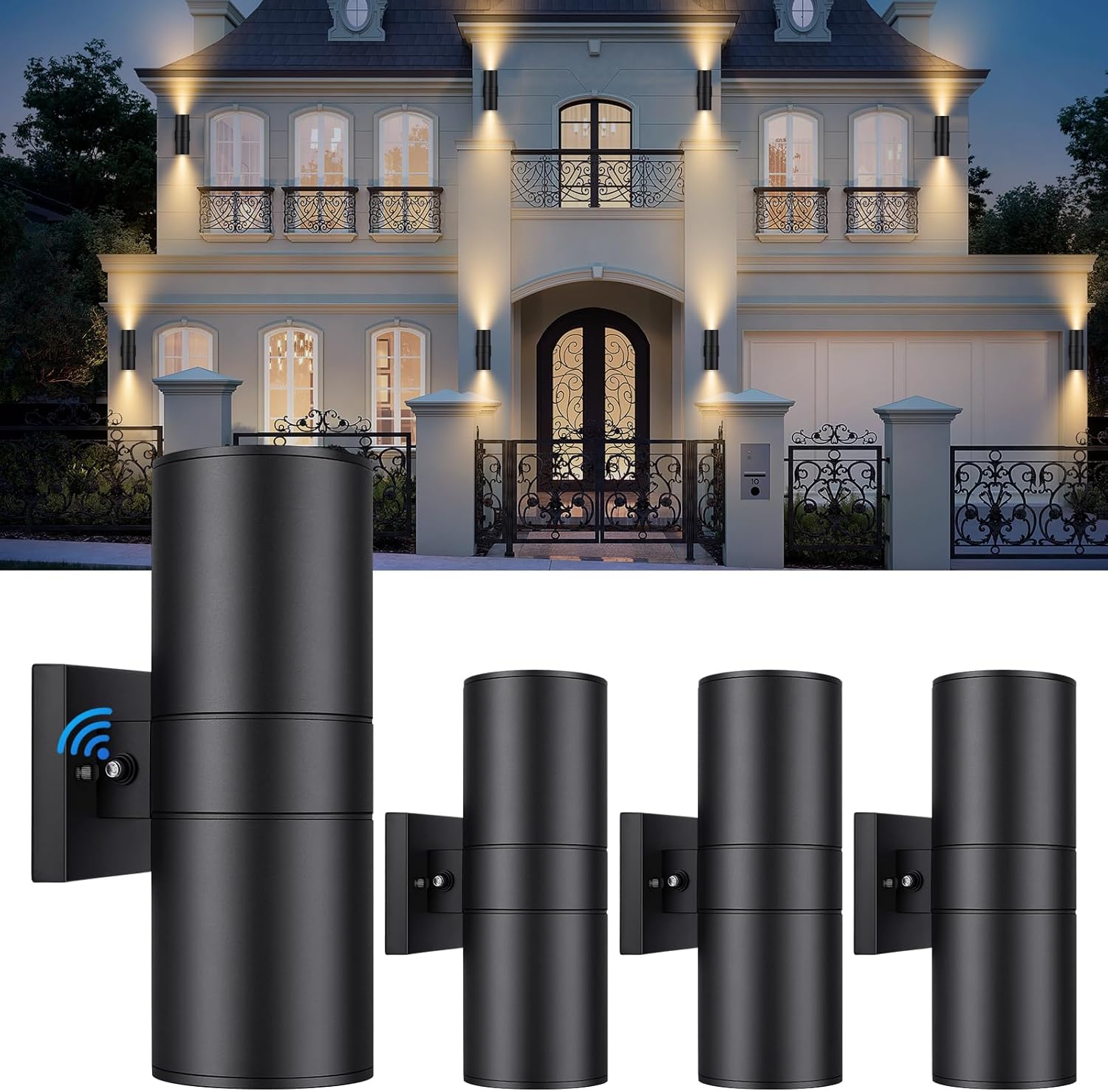 TOBUSA Black Exterior Lighting Fixtures Wall Mount Dusk to Dawn, Modern Outdoor Wall Lights for House Waterproof, 2-Light Up and Down Cylinder Wall Sconces for Garage Porch Outside Patio Yard, 4-Pack