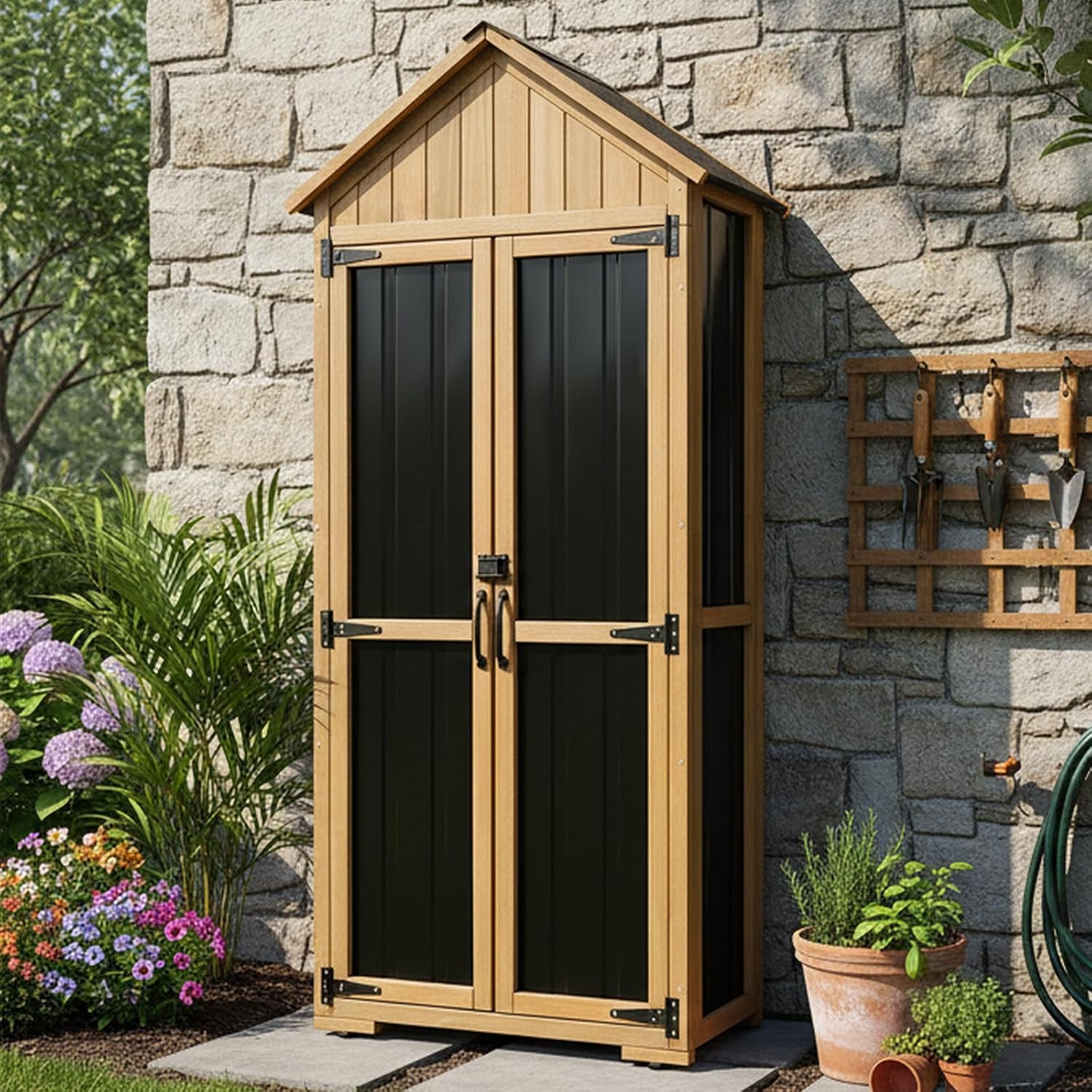 Outdoor Storage Cabinet Waterproof, Outdoor Storage Shed with Shelves, Wood & Metal Patio Backyard Garden Storage Cabinet Tool Organizer for Outside