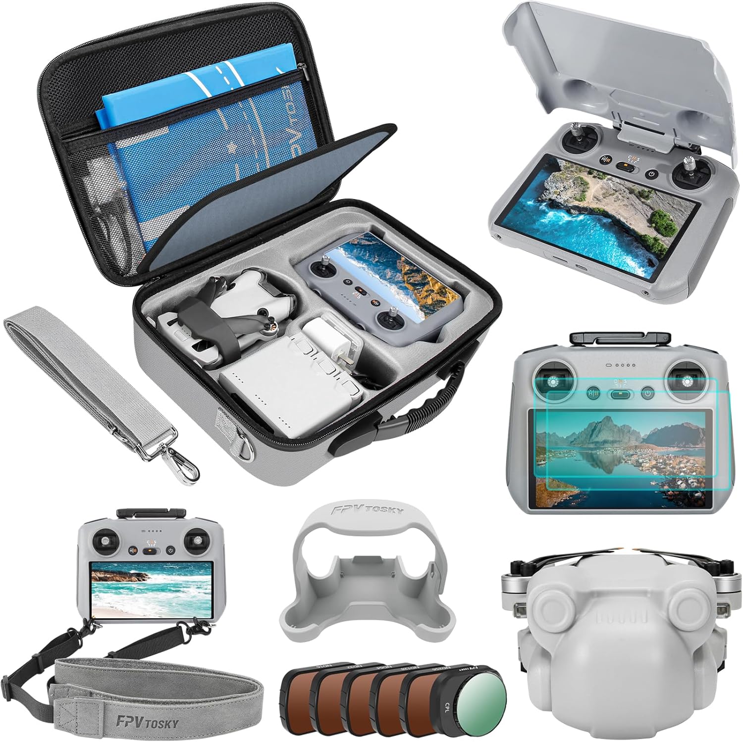 FPVtosky Mini 4 Pro Accessories Bundle - 7-IN-1 Kit, Carrying Case, ND Filter Set, RC2 Sunshade, Lanyard, Lens Cap, Screen Protector, Propeller Holder for DJI Mini 4
