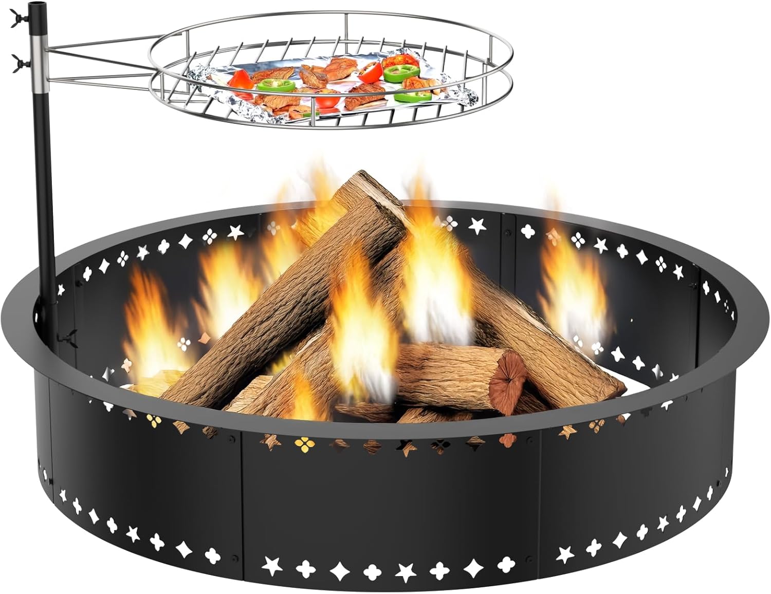 36inch Fire Pit with Grill, DIY Smokeless Firepit Bowl Metal Fire Rings for Outside, Large Round Smokeless Firepit Insert, Heavy Duty Carbon Steel Fire pits for Camping and Patio