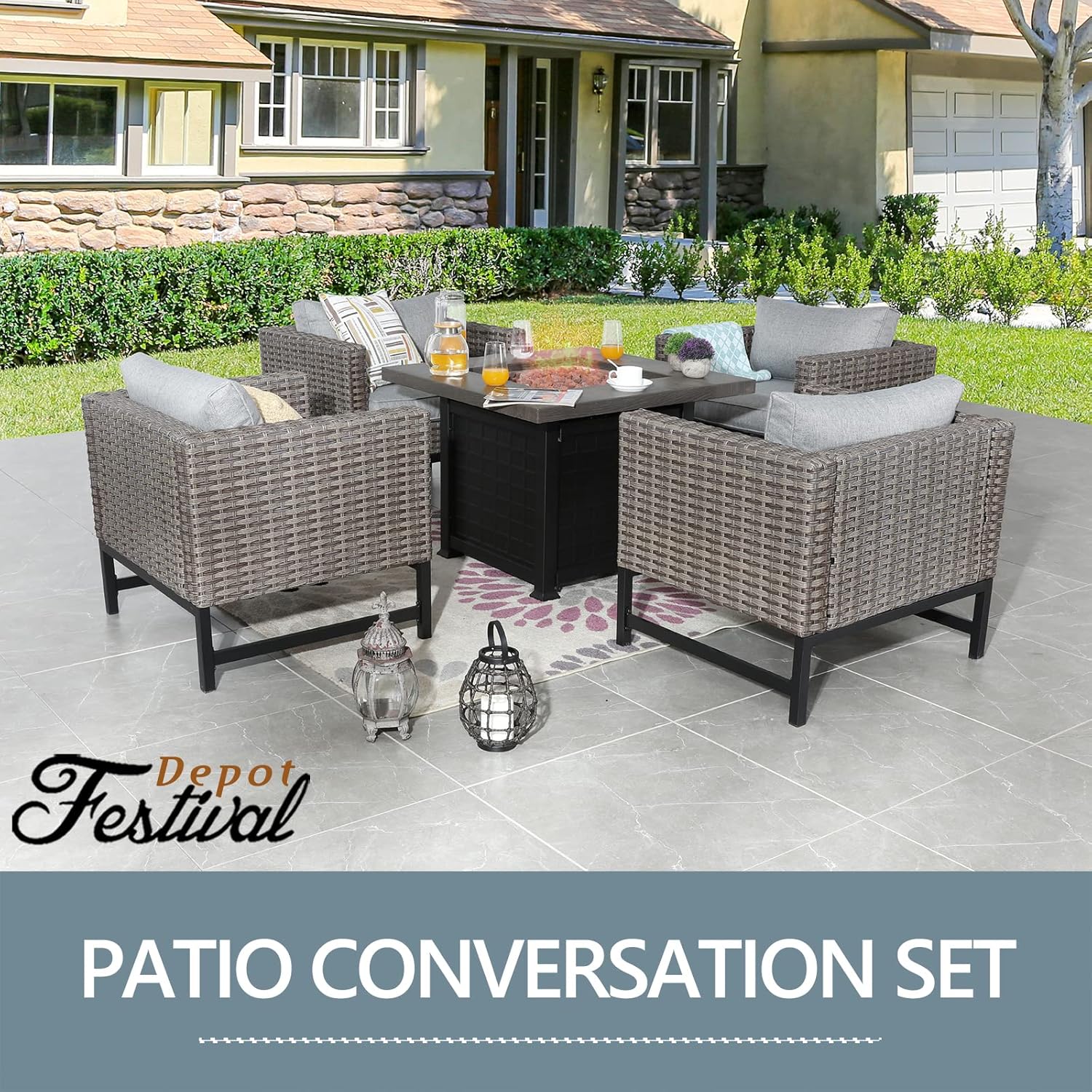 5 Pcs Outdoor Fire Propane Pit Conversation Set, 4 Patio Dining X Wicker Armchair Chairs with Cushions Metal Frame and 34 inch 50000 BTU Auto-Ignition Square Propane Gas Fire Pit Table