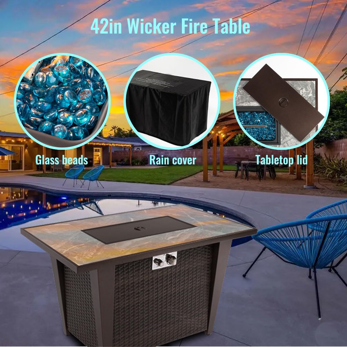 42'' Fire Pit Table with Natural Gas Conversion Kit, Marble Tile Ceramic Tabletop with Glass Wind Guard, Inclined Leg and Art Powder Design, Blue Glass Rocks, Including Lid&Cover, Brown