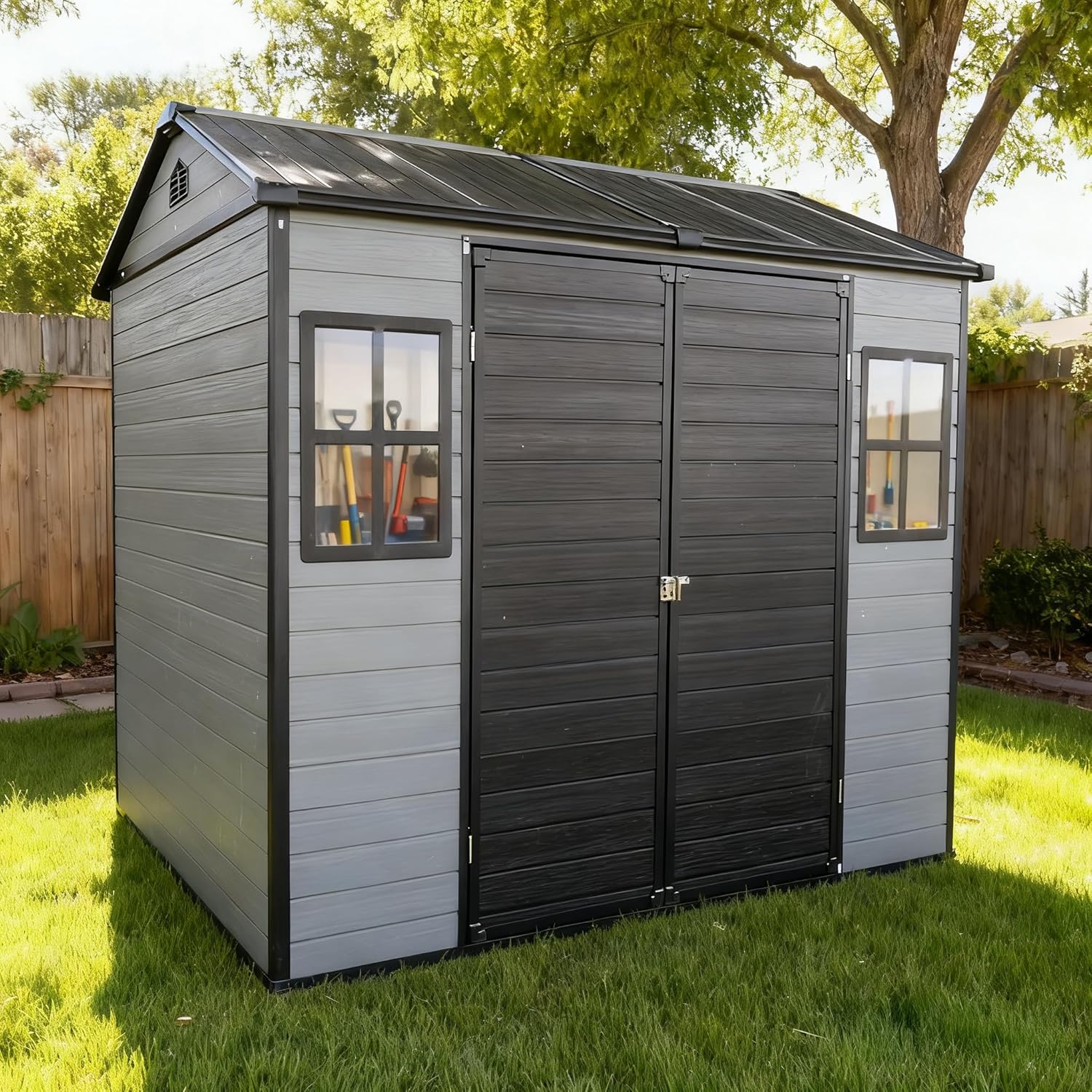 8x6 FT Resin Storage Sheds Outdoor with Floor Included, Plastic Sheds & Outdoor Storage Clearance with 2 Windows and Lockable Door, Backyard Storage Sheds for Bike, Garden Tools, Black+Grey