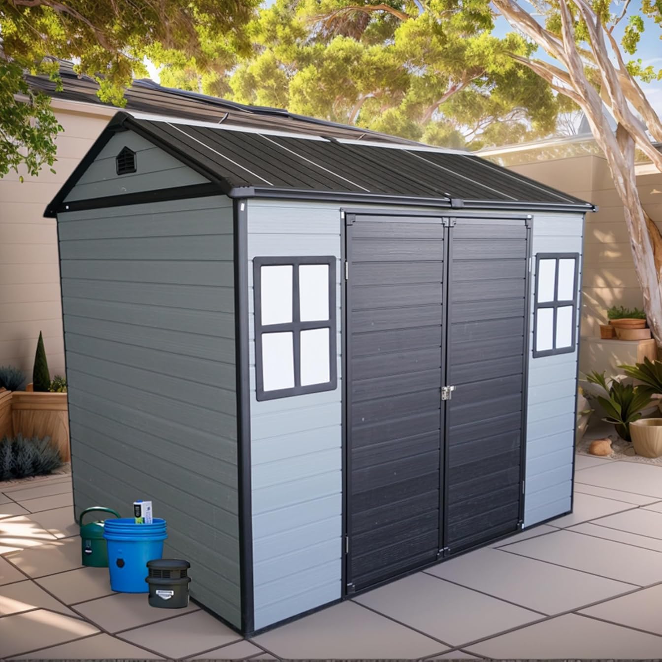 8x6 FT Outdoor Resin Garden Shed with Floor and 2 Windows,Sloping Roof Storage Sheds Lockable Design & Door,Tool House for Storing Bicycles,Lawnmowers,Barbeques,Trash Cans,Grey+Black