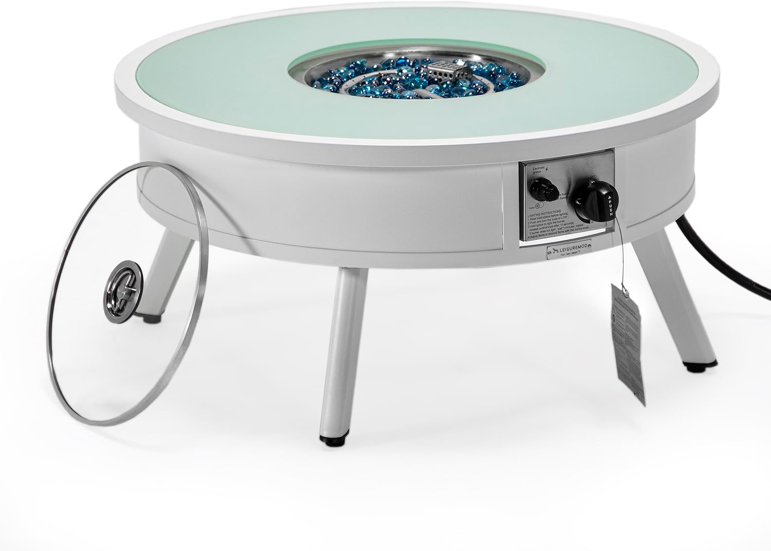 LeisureMod Walbrooke Modern Outdoor Round Fire Pit Table with Powder-Coated Aluminum Frame for Patio and Backyard Garden, White