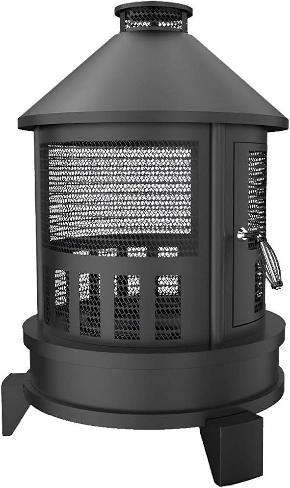 Outdoor Fire Pit, Black Metal Mesh Chiminea, 27x27x38 Inch, Portable Garden Stove with Heat-Resistant Handle, Patio Heater for Backyard