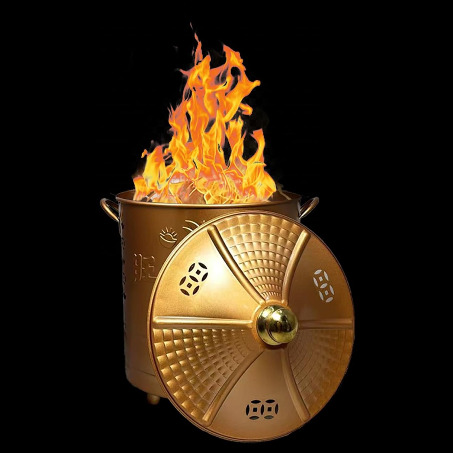 Burn Barrels with Grid and Fire Hook, Stainless Steel Incinerator, Fire Pit for Trash Fallen Leaves Ancestor Money(Gold,Small)