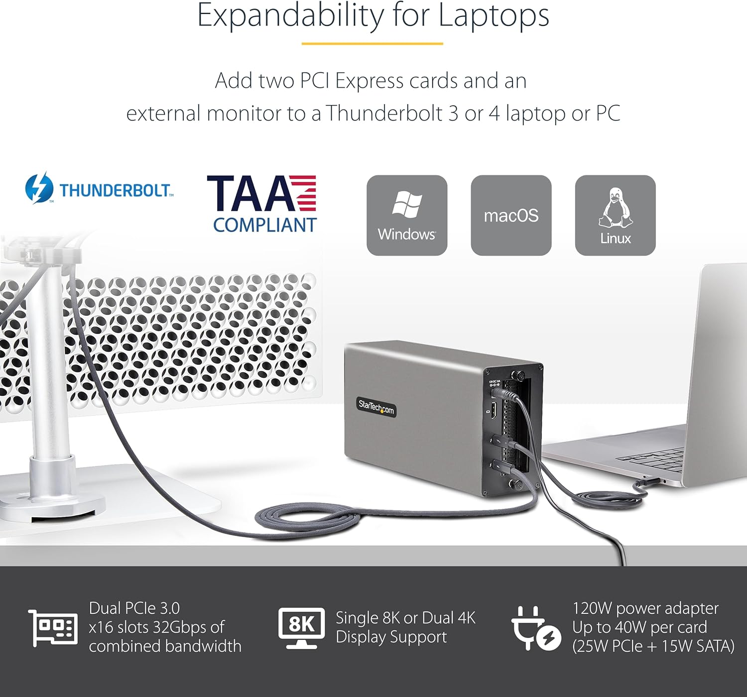 StarTech.com Thunderbolt 3 PCIe Expansion Chassis, External Enclosure W/Dual PCI Express Slots, PCIe Box for Laptops/Desktops/All-in-Ones, 8K/4K Output Via TB3/DP 1.4 , TAA (2TBT3-PCIE-ENCLOSURE)