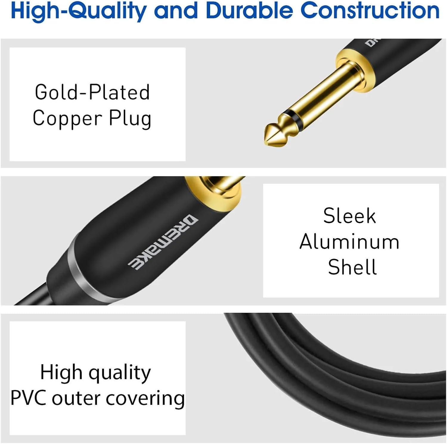 6.5mm TS Instrument Cable 1/4 Inch Right Angle to Electric Guitar Bass Audio Cord for Keyboard Mixer Amp Ect(6.5mm-TS,1m)