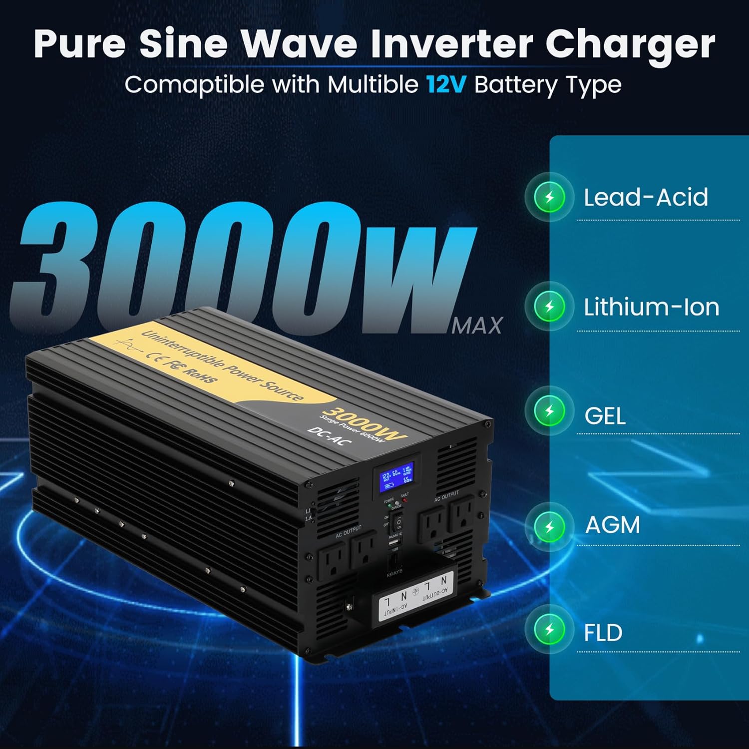 New Upgrade 3000W Pure Sine Wave Inverter Charger, Auto Transfer Switch, Remote Control, DC 12V to 120V AC with LCD Display, Ideal for Off-Grid & Emergency Power