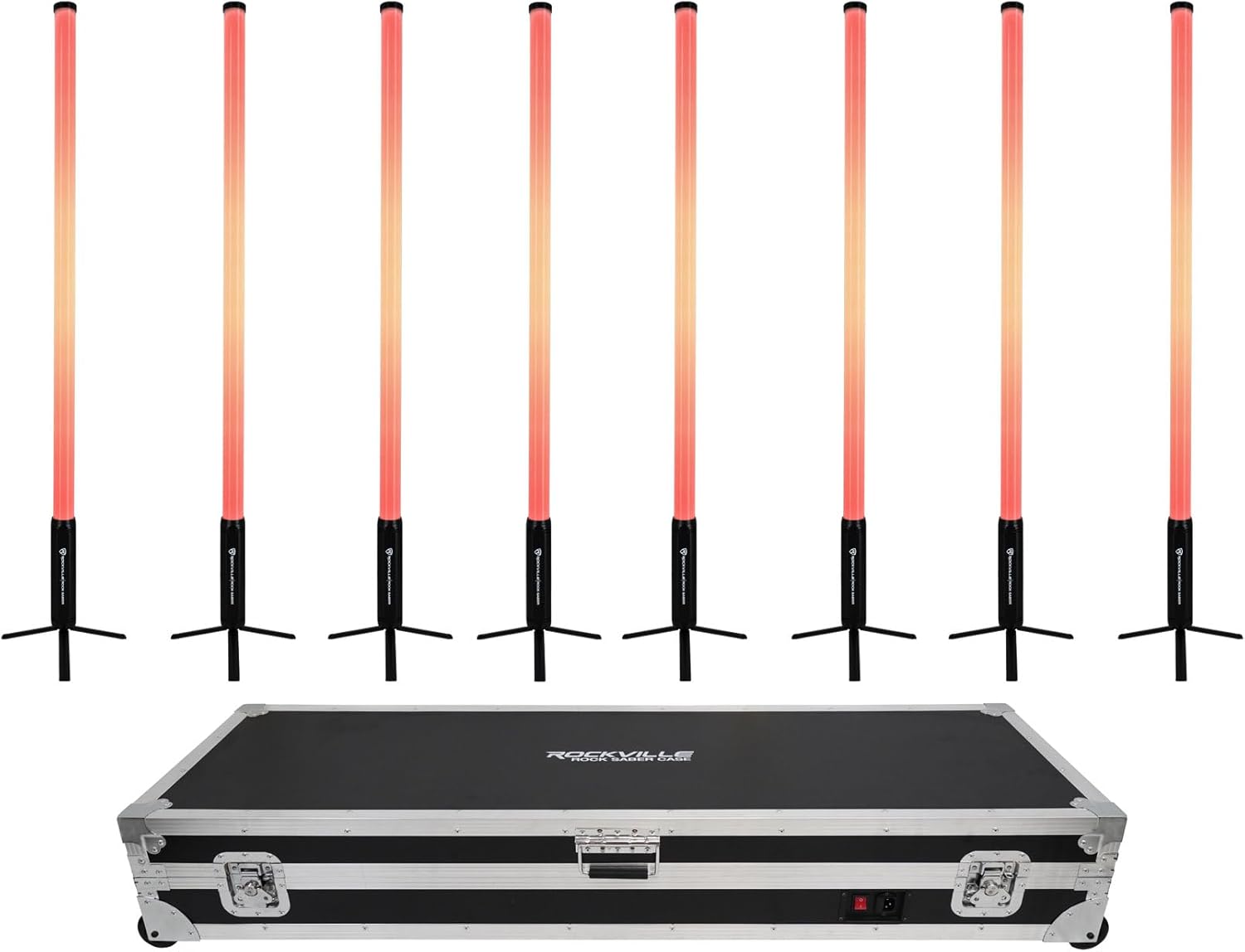 Rockville 8X Rock Saber Black Wireless DMX DJ Tube Lights with Charging Case, 5ft, 23H Rechargeable Battery, 192 RGBWA LEDs, IP65 Indoor/Outdoor, App Control+Remote, Floor Stand/Truss Mount