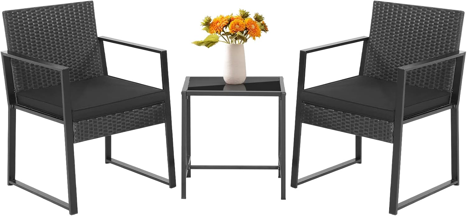 Tangkula 3 Piece Patio Furniture Set, Modern Heavy Duty All Weather Cushioned Wicker Chairs and Coffee Table Set, Suitable for Front Porch, Backyard, Garden, Poolside and Deck (Black)