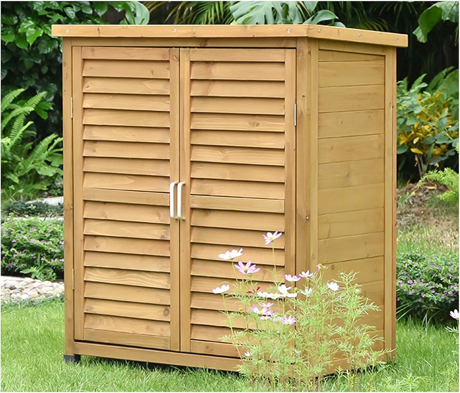 Outdoor Storage Shed, Weatherproof Garden Tool Storage Cabinet, Solid Wood Backyard Storage Box with Door and Handle, Height Adjustable Garden House for Lawn Mower, Pool Tools (Brown 97x87x47cm)