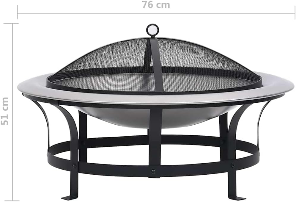 vidaXL Outdoor Fire Pit with Grill 29.9 Inch -, Weatherproof Steel Construction, Safety Mesh, Wood-Handled Poker, Ideal for Deck, Patio, Backyard Use
