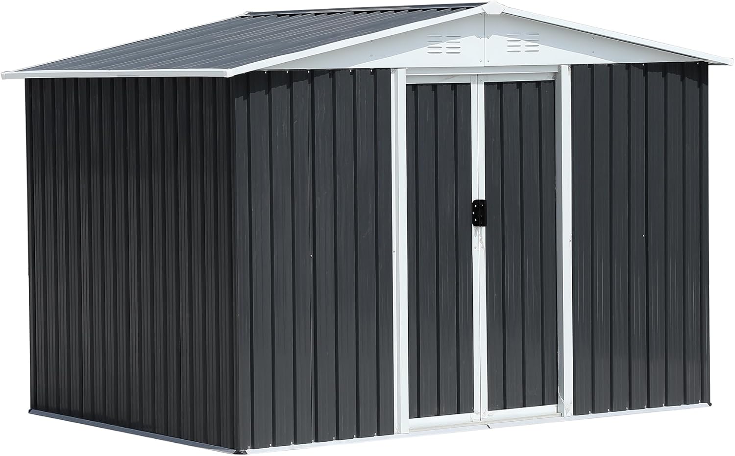 8 x 6 FT Outdoor Storage Shed, Lockable Metal Garden Shed with Sliding Doors & Shutter Vents, Tool Shed Tiny House Vertical Outside Storage Building for Backyard, Dark Grey