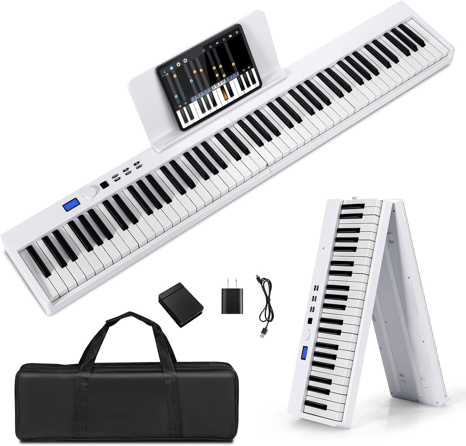 Costzon 88-Key Foldable Digital Piano Keyboard, Full Size Semi-Weighted Keyboard, Portable Electric Piano w/MIDI, Split Function, Sustain Pedal & Carrying Bag for Beginner (White)