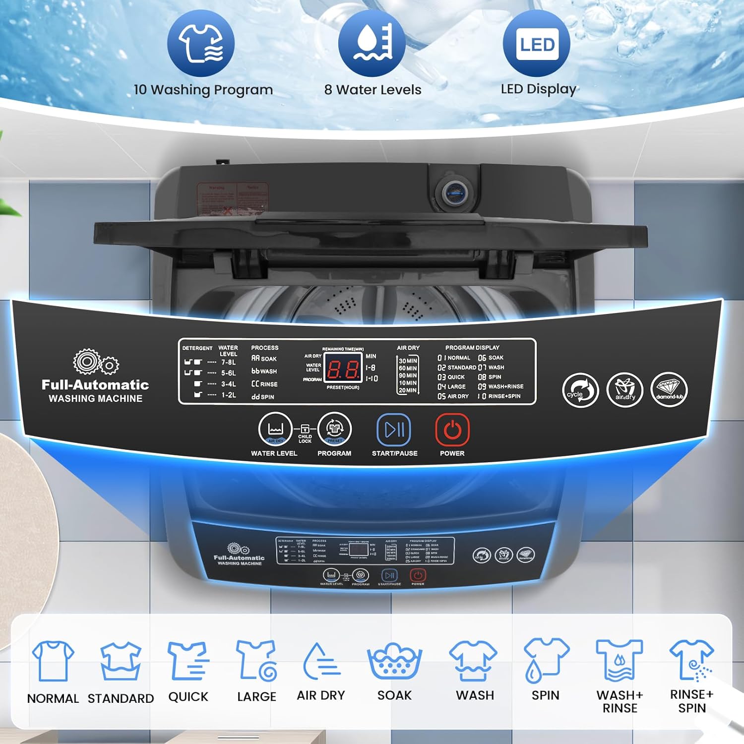 Nictemaw Portable Washing Machine 17.8 lbs Fully Automatic Portable Washer with LED Display, 10 Programs 8 Water Levels, 2.4 Cu.ft Compact Laundry Washer with Drain Pump for Apartment, Dorm, Home, RVs