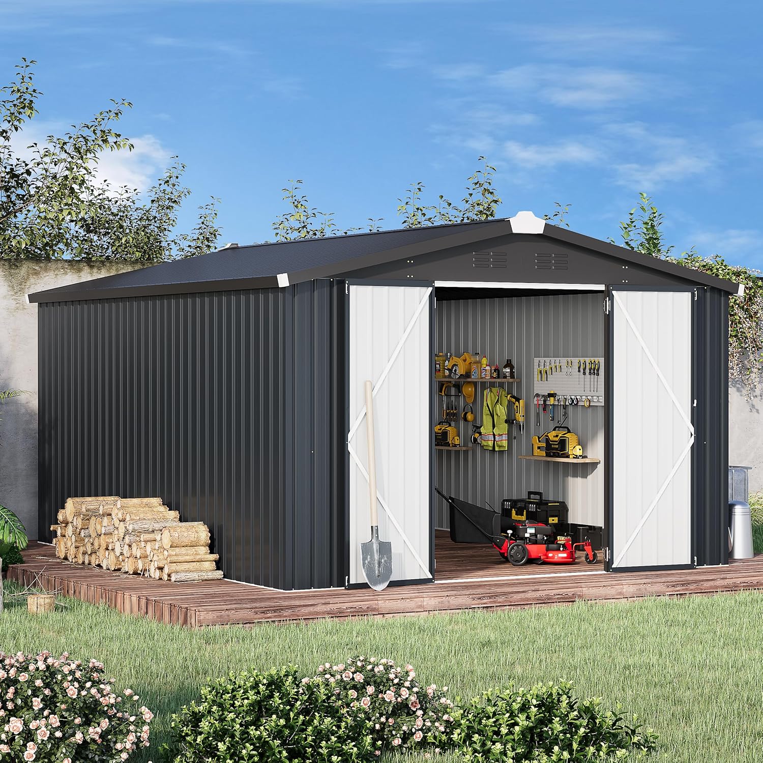 U-MAX 10x14 Outdoor Storage Shed, Large Metal Outside Garden Sheds & Outdoor Storage Clearance, Tool Shed Lockable for Backyard, Patio and Outside Use in Dark Grey