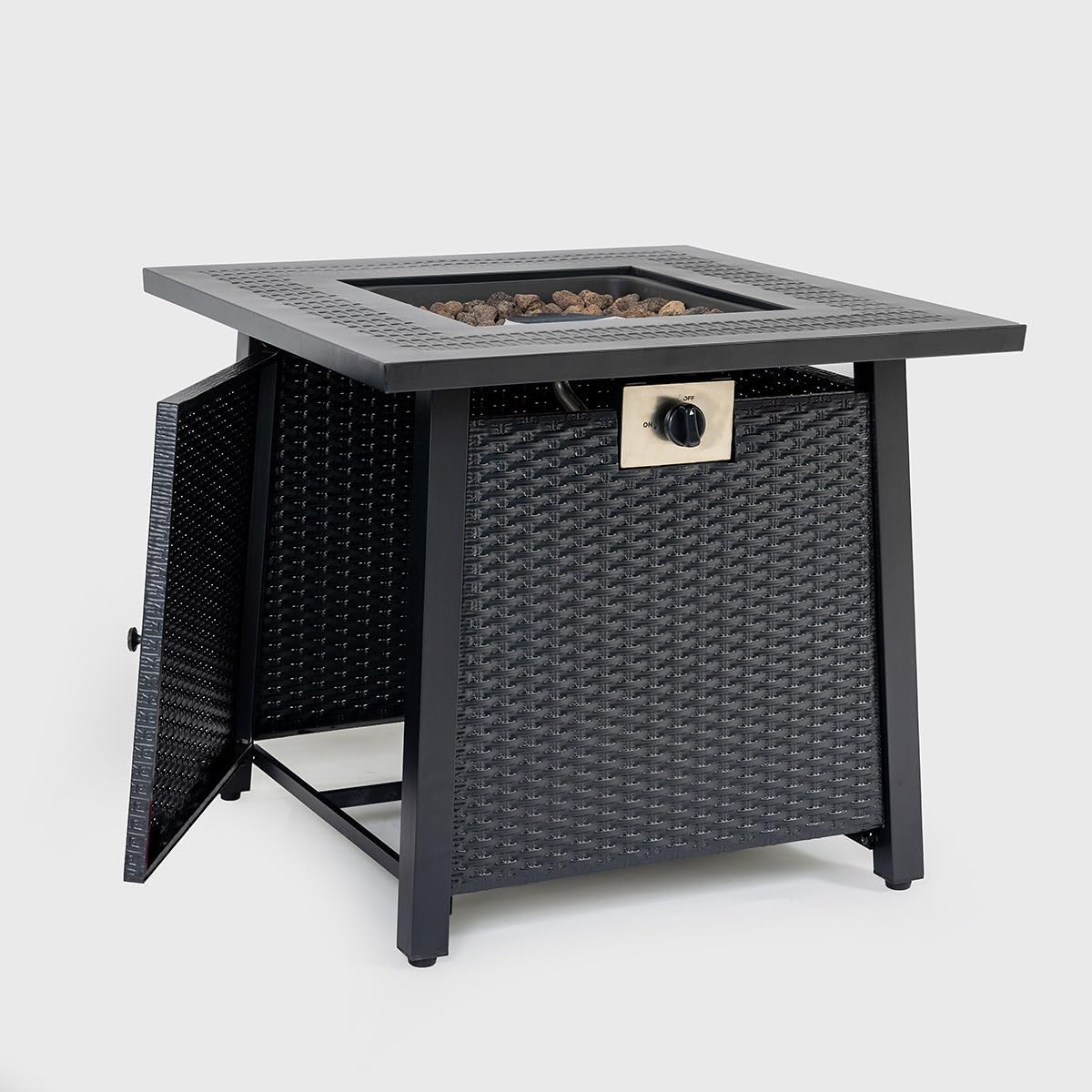 Outdoor Furniture Propane Fire Pit Table Square Tabletop Fire Pit with Wicker-Look Panels & Hidden Tank Storage Adjustable Flame Control Patio Deck Backyard