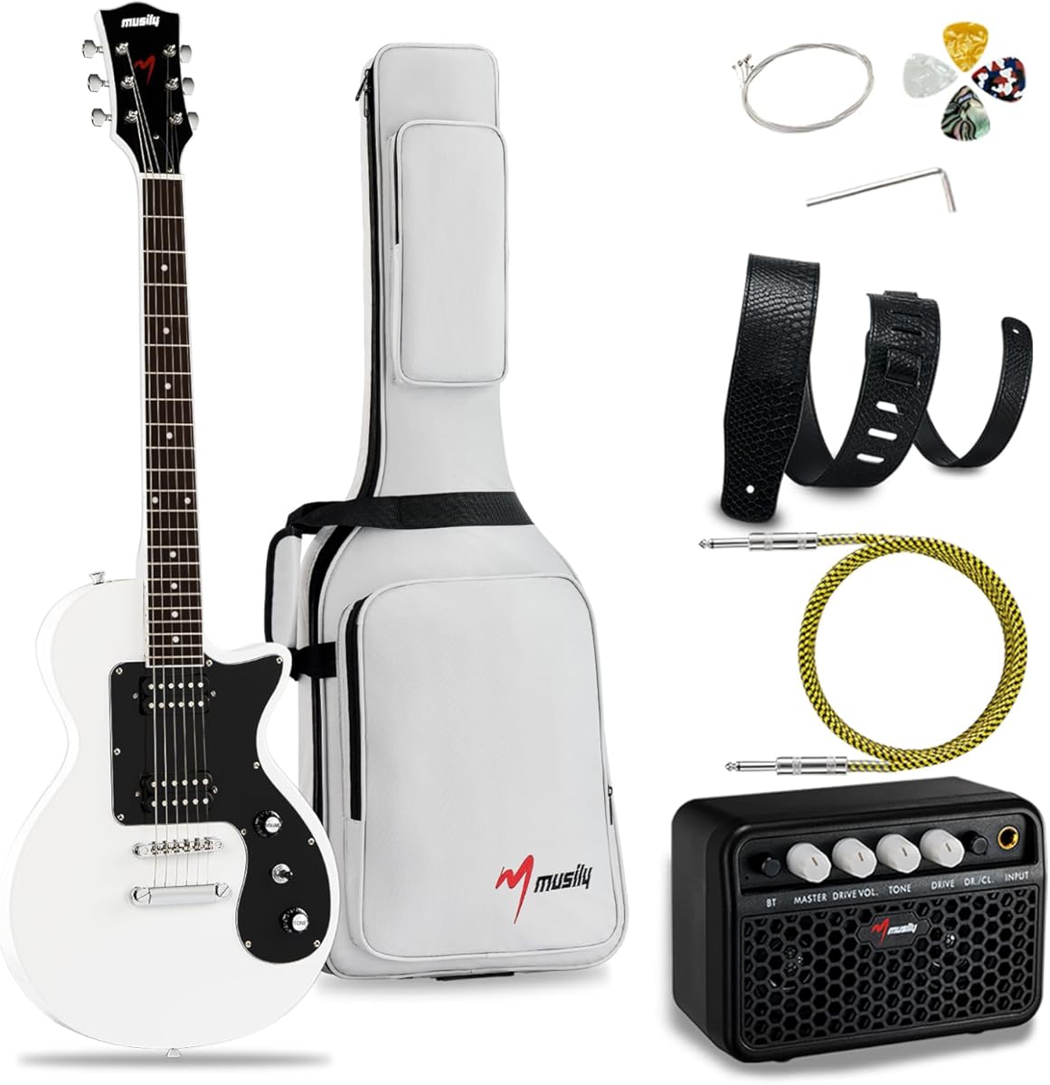 39 Inch Electric Guitar Kit, Beginner Full Size Solid Body Electric Guitar With HH Pickups, Gig Bag, Amplifier, Strap, Cable, Picks, String (White)