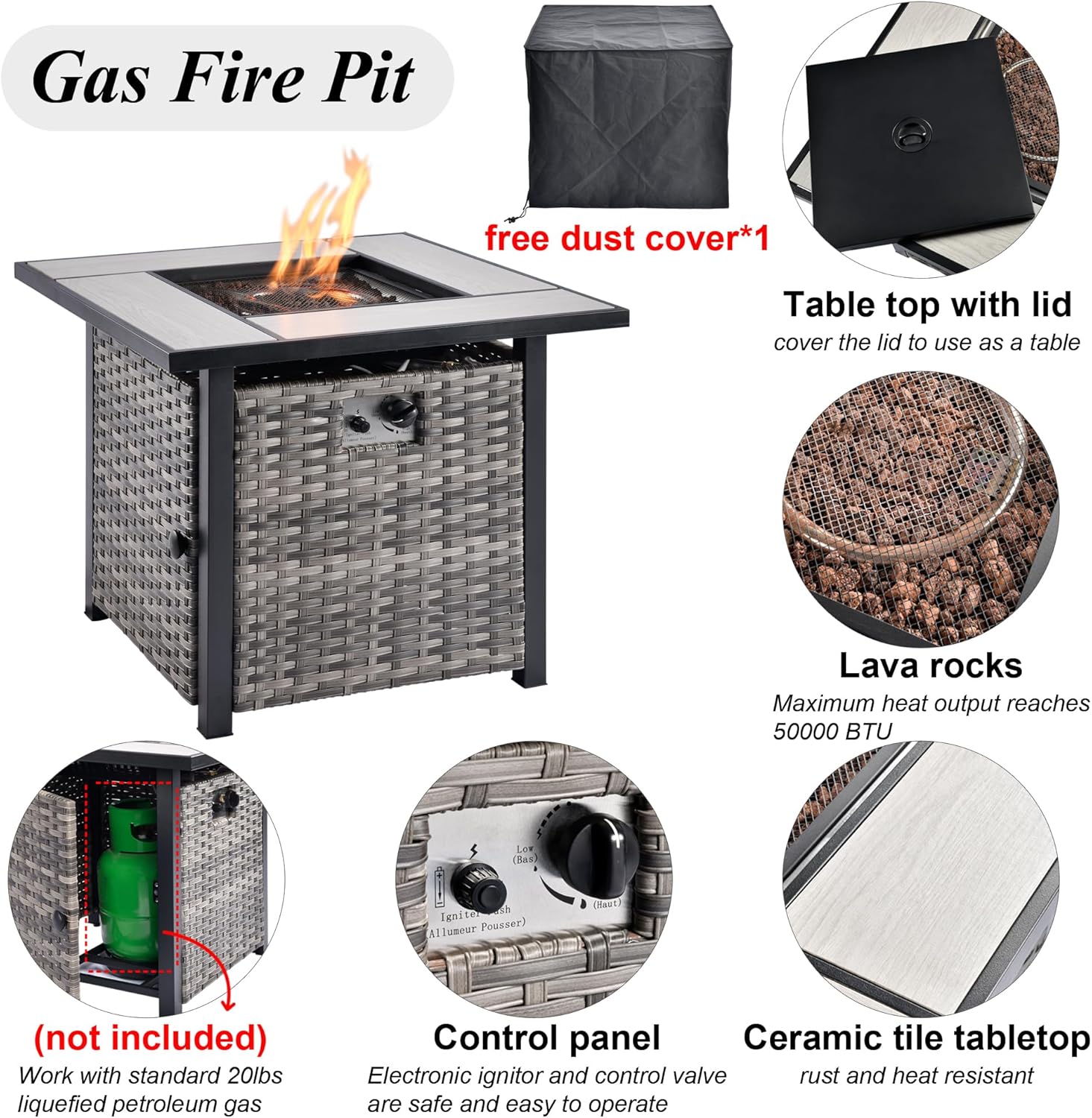 HOOOWOOO Patio Outdoor Furniture Set with Propane Fire Pit Table,5 Piece Modern Wicker Couch Sofa Set, Outside All Weather Resistant Conversation Seating Set with Tilt Back(Orange Red)