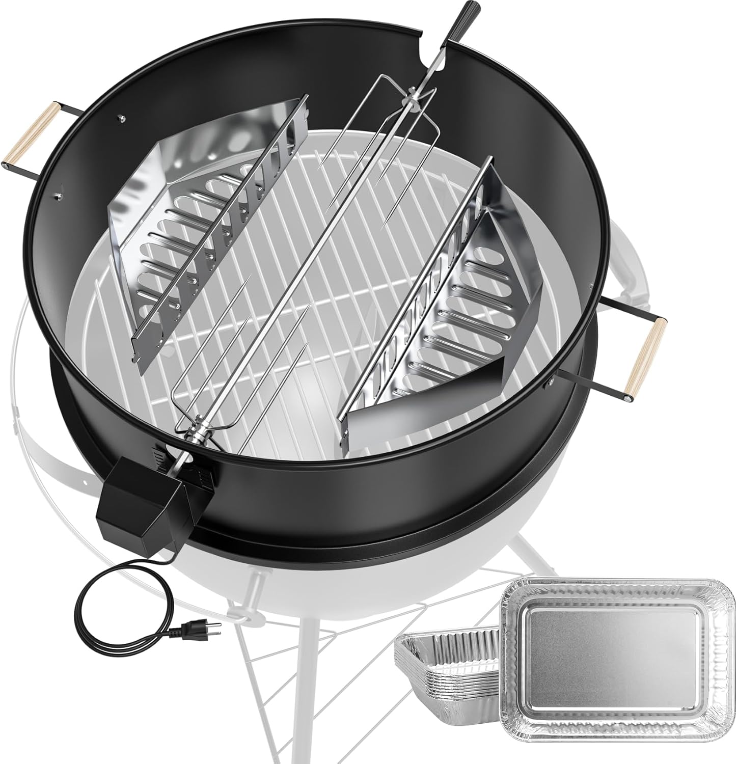 Upgraded Rotisserie Kit for Weber 22 inch Kettle Charcoal Grills Accessories, Rotisserie Grill Kit for Weber & Other Similar Size Grills, with Handles, Charcoal Baskets,10 Pcs Drip Pans, Black
