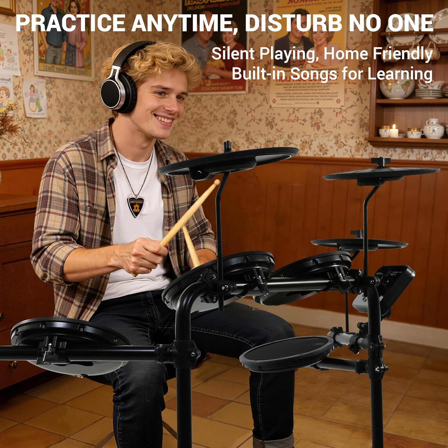 MOSEN Electric Drum Set with 4 Quiet Drum Pads, 2 Pedal, Sticks, Headphone, Electronic Drum with 195 Sounds, 20 Drum kits for beginners, MED-X1