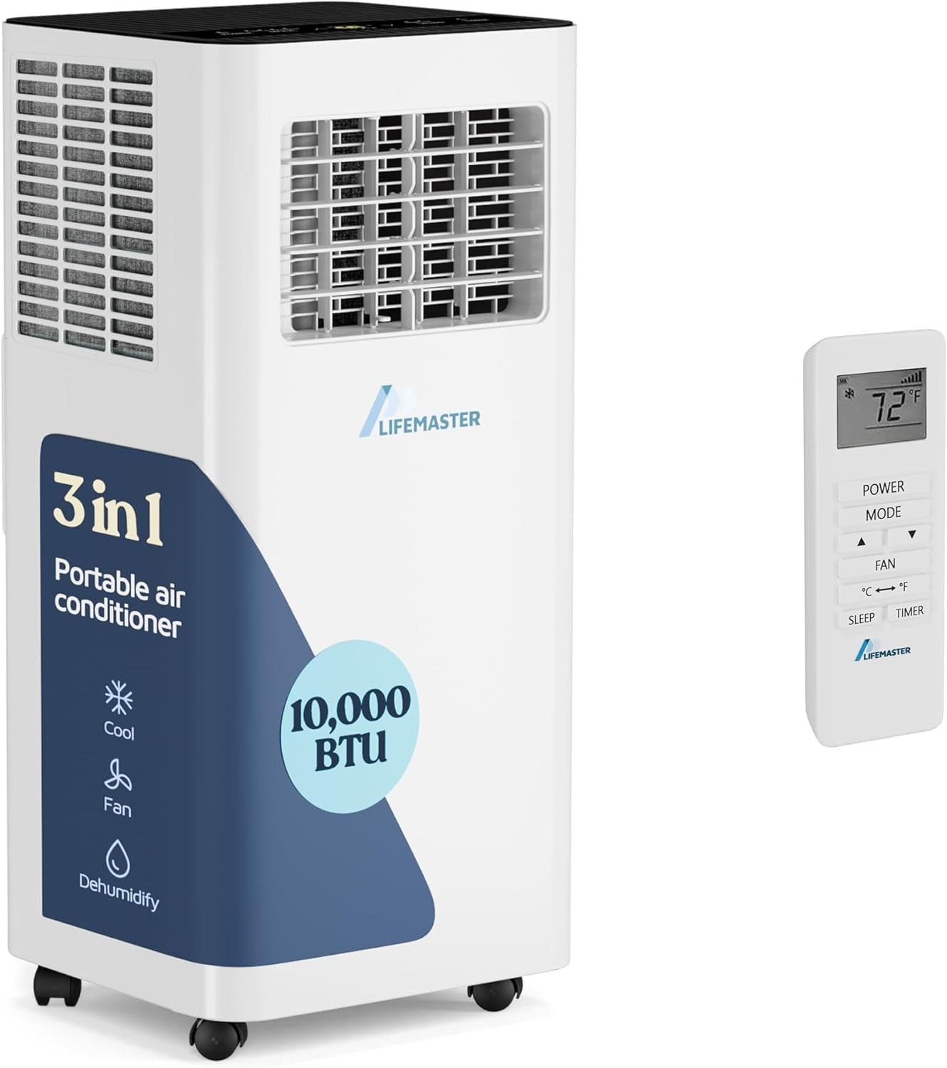 Lifemaster 3-in-1 Portable Air Conditioner, 10,000 BTU Rolling AC Unit with Cooling, Fan and Dehumidifier for Rooms up to 450 Sq. Ft., Remote Control, Digital Touch Panel, Window Kit Included, White