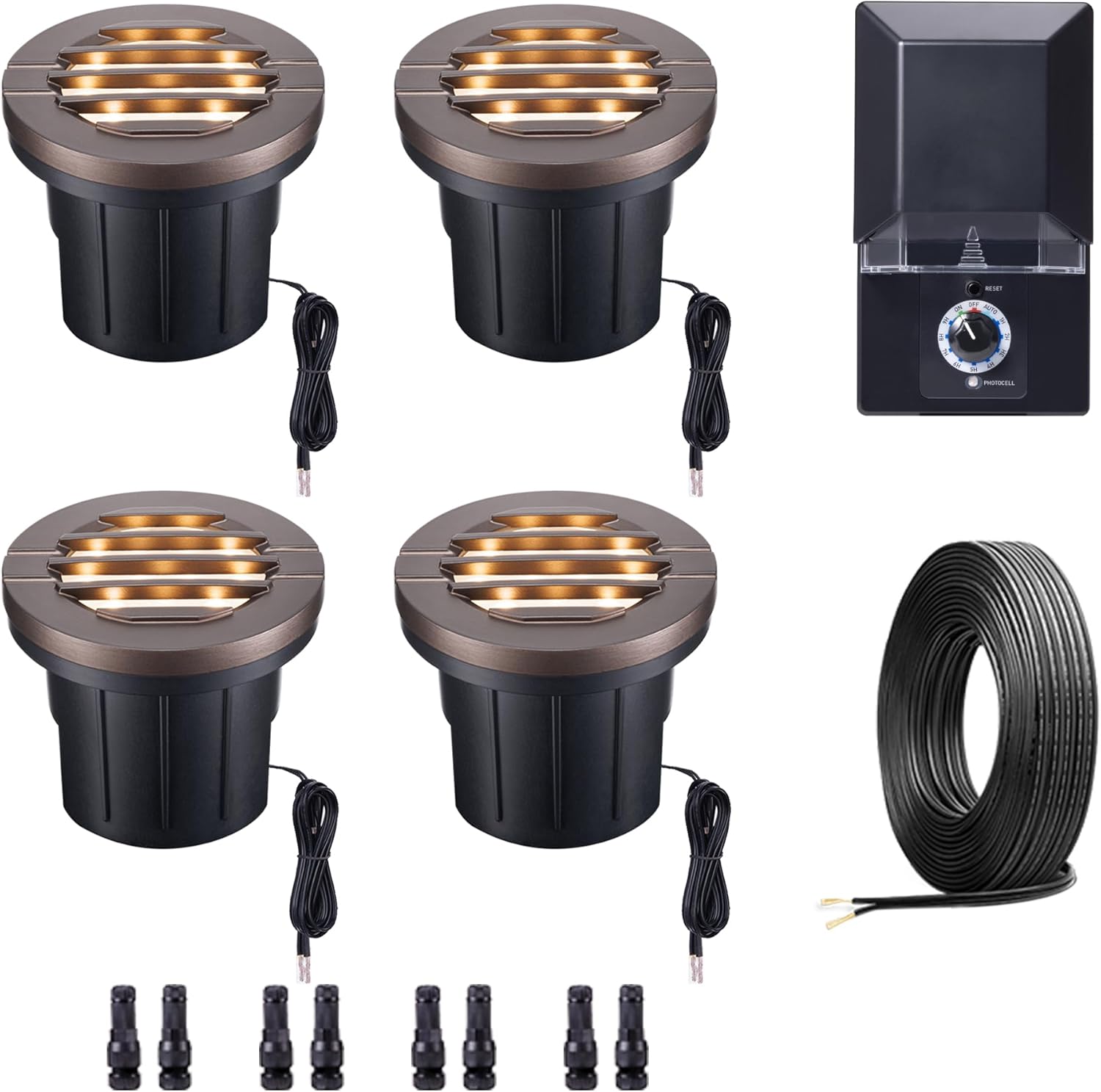 Landscape Well Lights Kit, 4 Pack LED Low Voltage Ground Lights and 100W Transformer and 100FT Cable and 20 Wire Connectors, 12V IP67 Waterproof Aluminum for Sidewalk Driveway Path