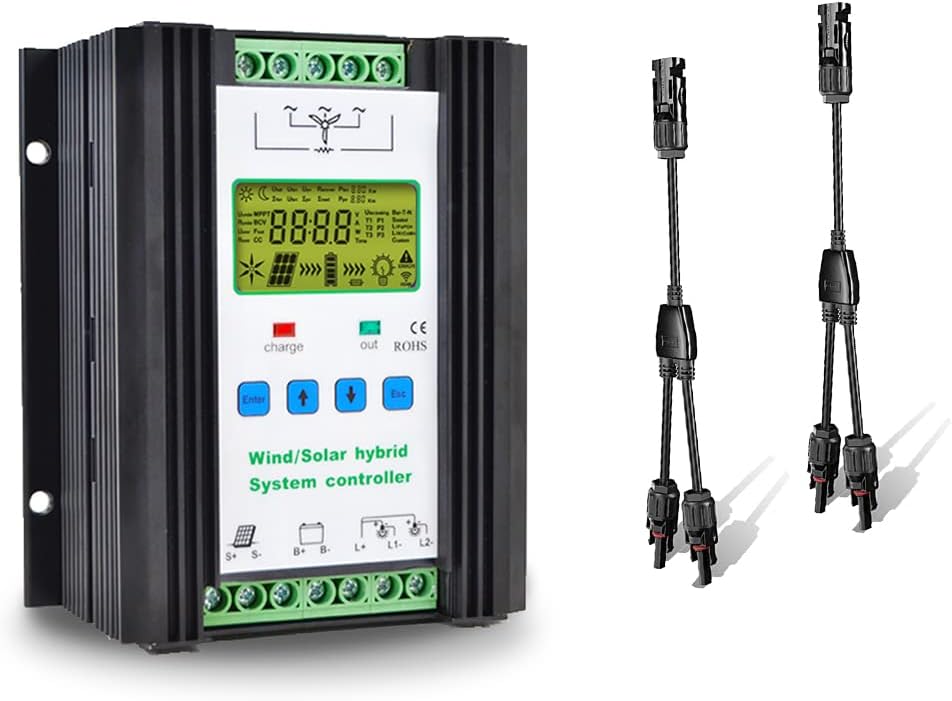 1000W 12V/24V PWM Wind Solar Hybrid Charge Controller + Y Branch Connector 2 to 1 Parallel Adapter Cable Wire