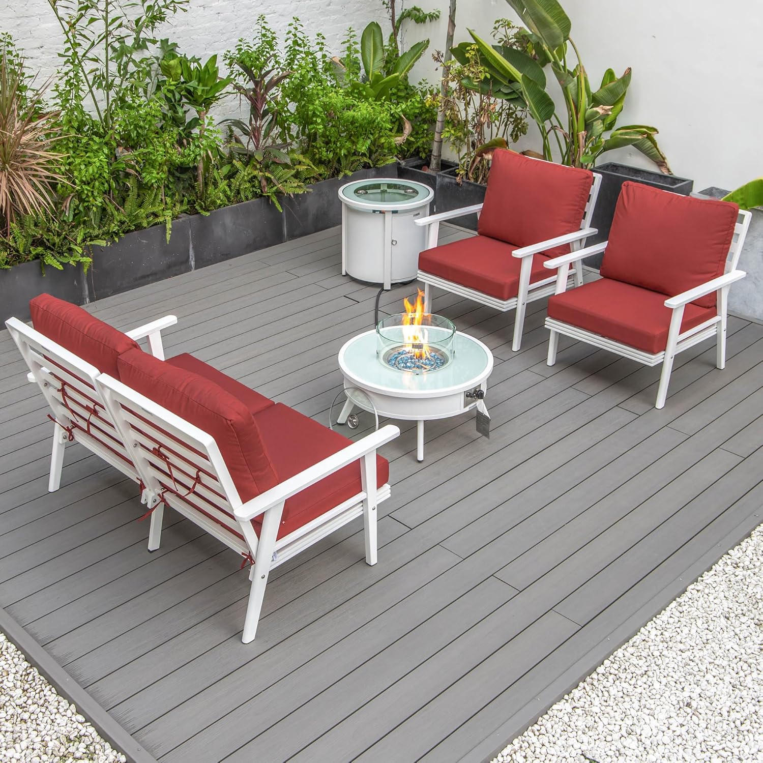 LeisureMod Walbrooke Modern Aluminum 5-Piece Patio Conversation Set with Outdoor Round Firepit Side Table Tank Holder, Red