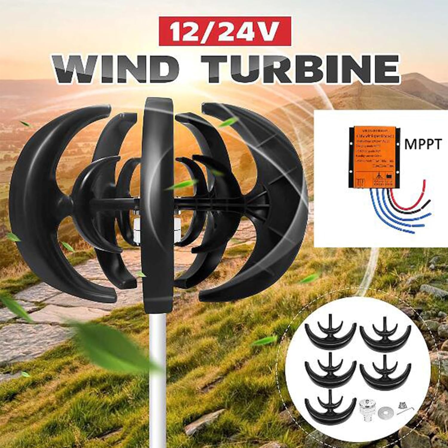 14000W No Noise Vertical Wind Turbine Set,12V 24V 48V 220V Wind Turbine 5 Blades with MPPT Controller Wind Generator for Home Use