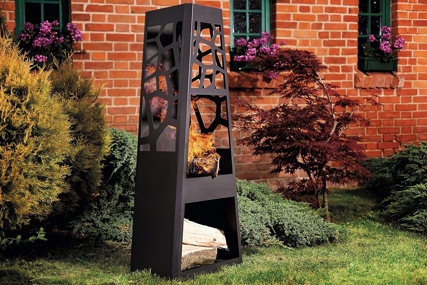 35424 Garden Stove XL Square Patio Stove Large with Storage Space for Firewood, Fire Pit Steel Powder-Coated Black 48 x 30.5 x 124 cm