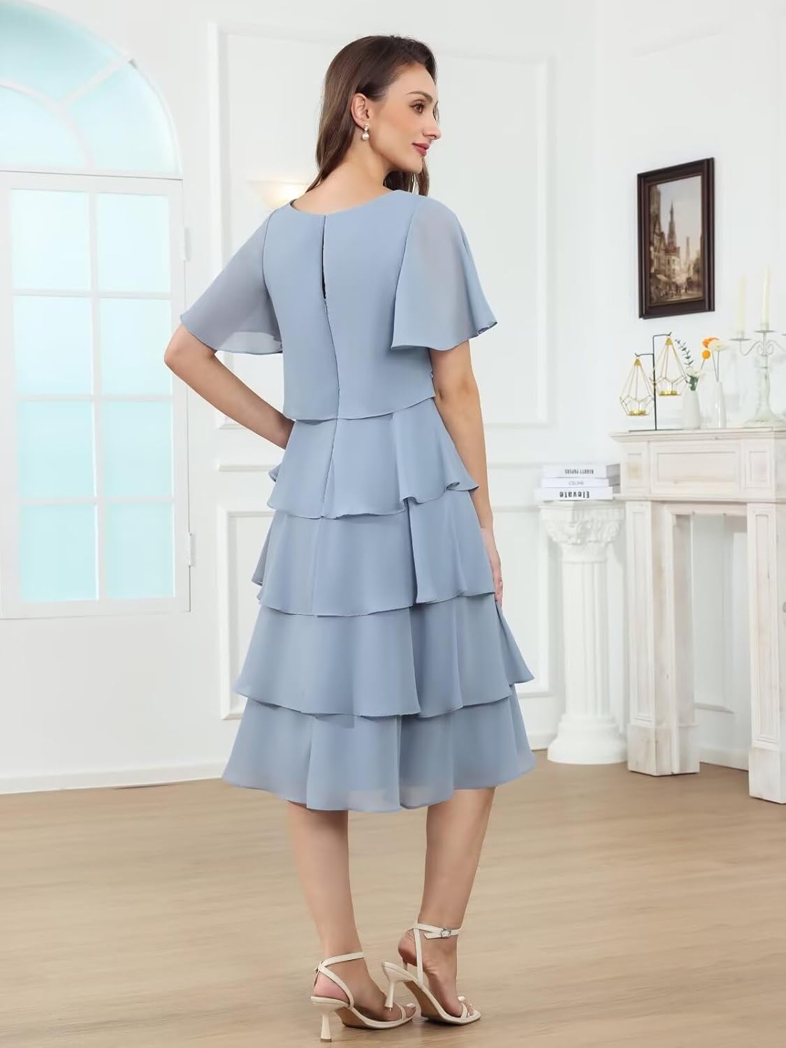 BANTRATIC Tea Length Mother of The Bride Dresses for Wedding Chiffon Women Crew Neck Tiered Formal Prom Cocktail Gown